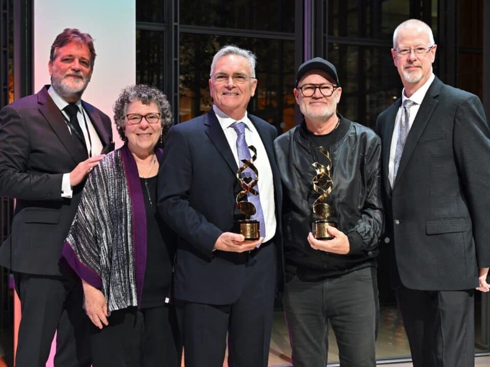 IMNF MHP: David J. Gentner, EdD, Wartburg CEO, Dr. Concetta Tomaino, IMNF Executive Director, Edward Large, Ph.D., Honoree, Greg Barnill, Honoree and performer, Todd Kunze, President & CEO InnerWave.